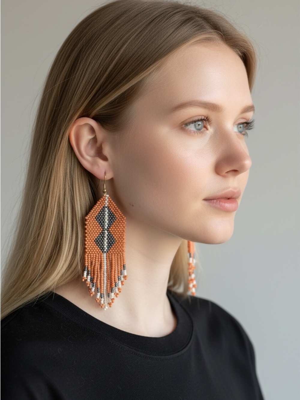 9/17 Handmade Orange Beaded Fringe Earrings by